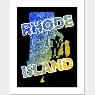 Colorful mandala art map of Rhode Island with text in blue and yellow Posters and Art